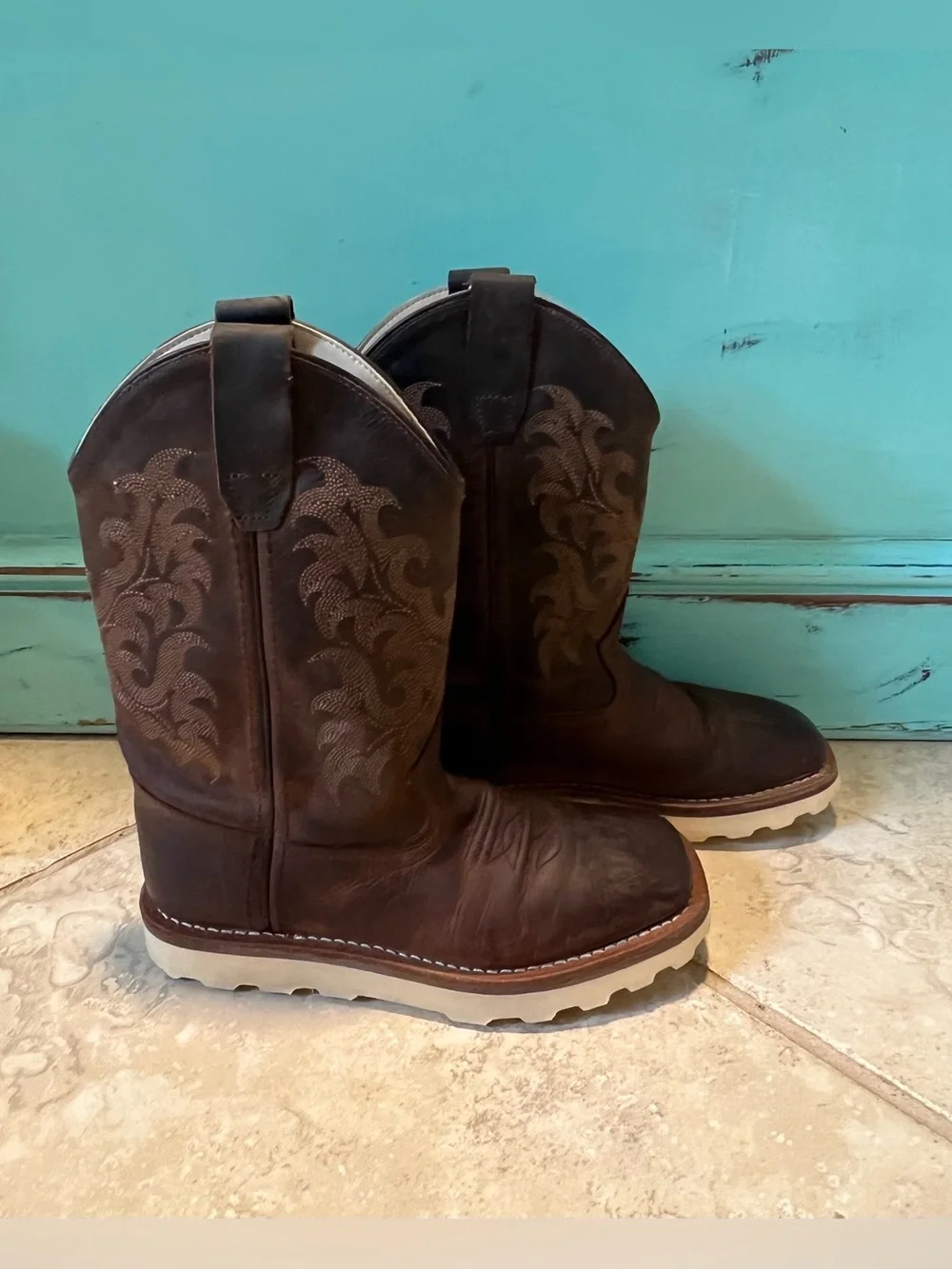 Old West Kids Dark Clay Distressed Brown Western Boots BSC1953 Kids Size 1D